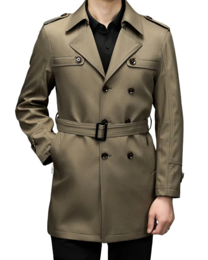 Casaco Clássico Comprido de Gabardina para Homem com Cinto Ajustável na Cintura