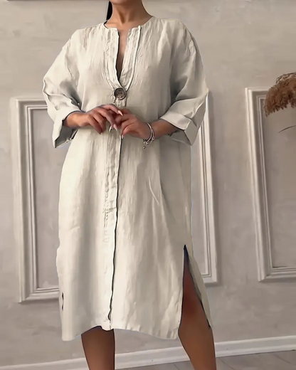 Vestido casual de linho respirável com decote em V