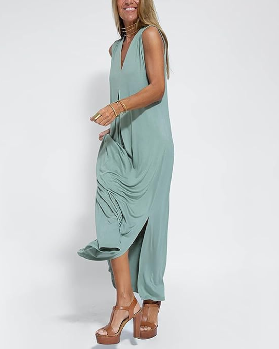 Vestido comprido elegante sem mangas para mulher