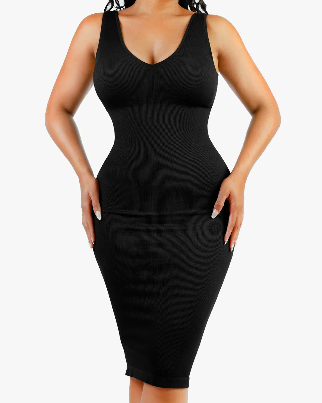 Vestido modelador com decote em V profundo e controlo da barriga