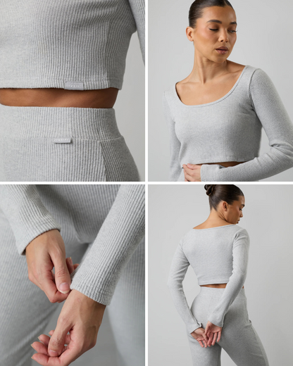 Conjunto de Manga Comprida com Decote Quadrado e Calças com Abertura