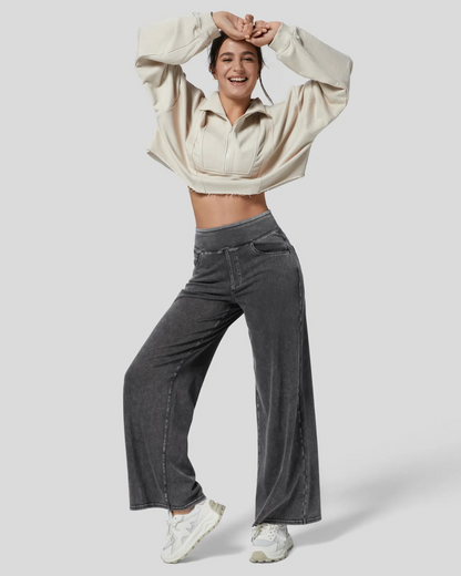 Calcas de Ganga Largas de Cintura Alta com Varios Bolsos para Mulher