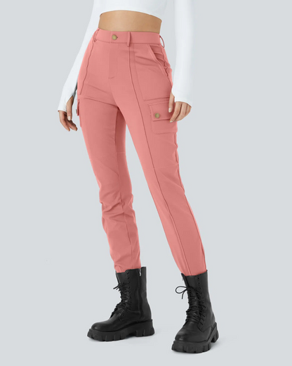 Calças de Passeio Lisas e Ajustadas com Cintura Alta e Vários Bolsos para Mulher