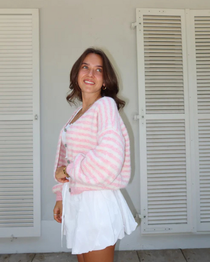 Casaco de malha às riscas com botões para mulher