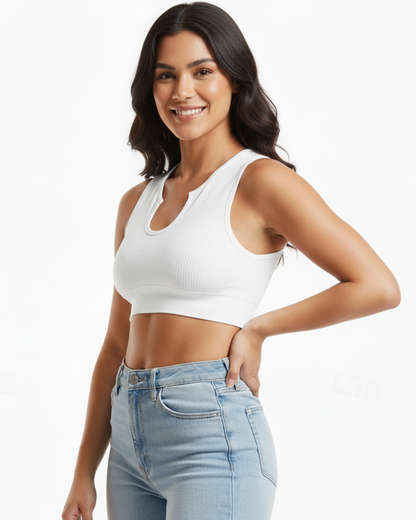 Top desportivo com design canelado e decote original em U para mulheres