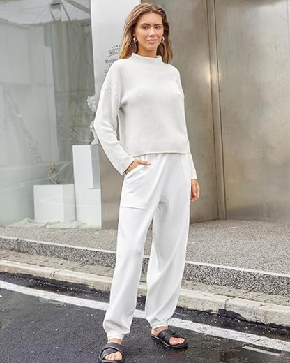 Conjunto Casual de Duas Peças para Mulher: Camisola de Malha e Calças Descontraídas com Bolsos