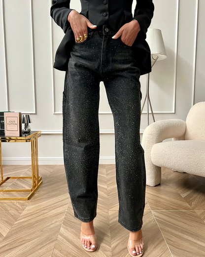 Calças de Ganga Largas com Pormenores de Diamantes e Estilo Cargo