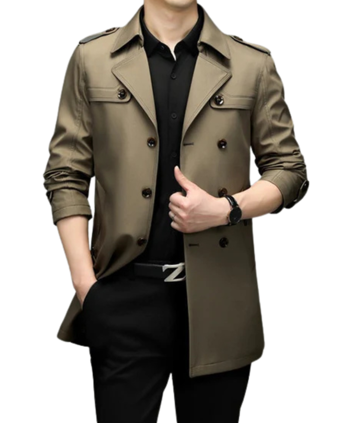 Casaco Clássico Comprido de Gabardina para Homem com Cinto Ajustável na Cintura