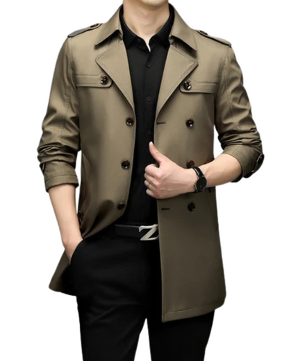 Casaco Clássico Comprido de Gabardina para Homem com Cinto Ajustável na Cintura