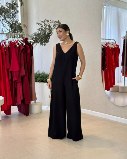 Macacão Casual de Cor Lisa com Decote em V para Mulher