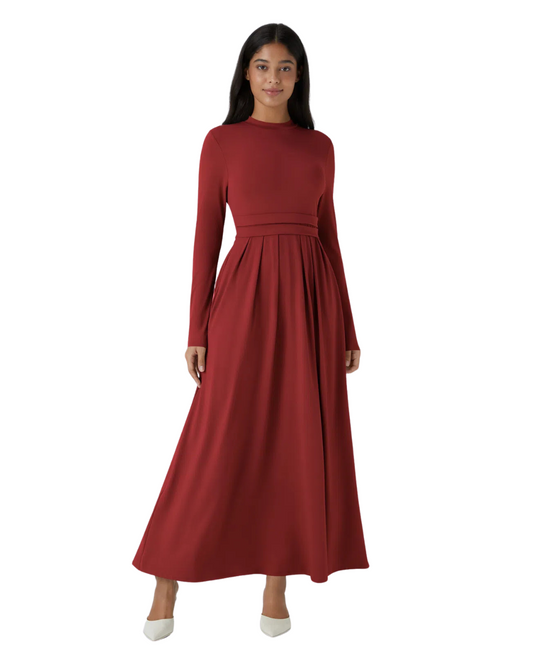 Vestido Maxi Plissado e Esvoaçante com Decote Alto e Bolsos para Mulher