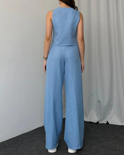 Conjunto de duas peças de colete e calças com cintura ajustável