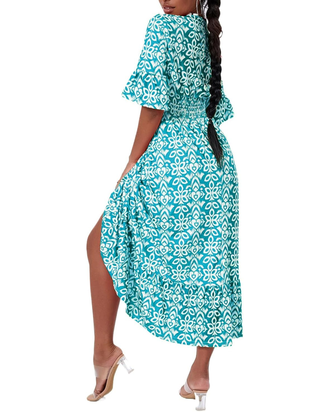 Vestido Comprido Cruzado com Decote em V e Estampado Boémio Casual