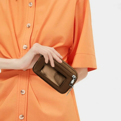 Mini carteira de nylon com janela de identificação e fecho de correr