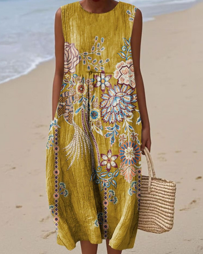 Vestido sem mangas com estampado floral vintage para mulher