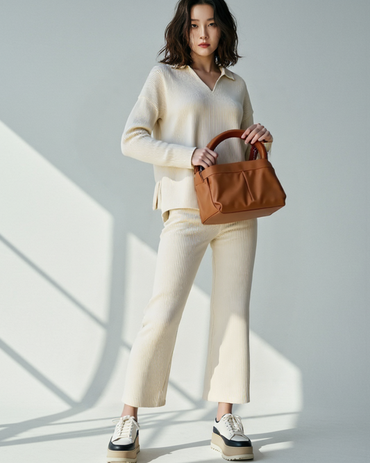 Conjunto folgado de duas peças com camisola com decote em V para mulher