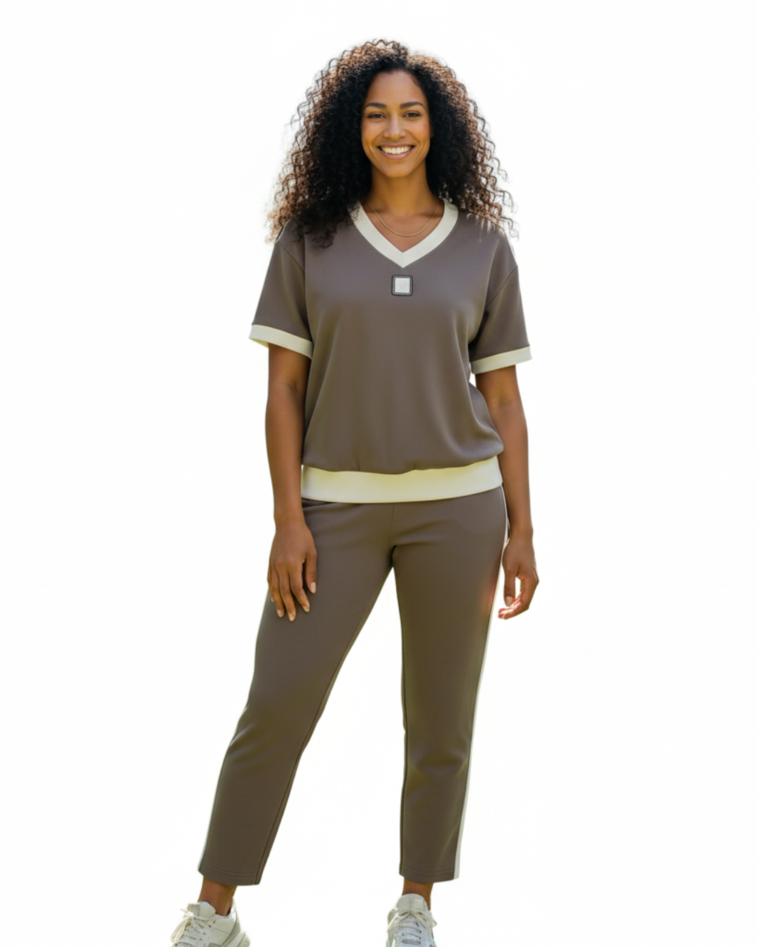 Conjunto elegante de top e calças com decote em V