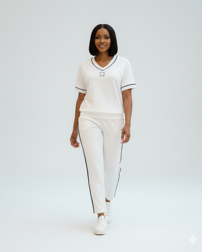 Conjunto elegante de top e calças com decote em V