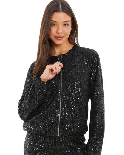 Conjunto Casual Feminino de Lantejoulas com Gola Redonda, Fecho de Correr e Calças