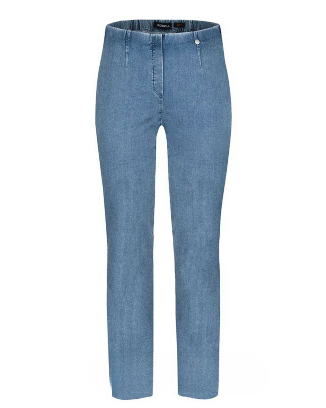 Calças de Cintura Subida em Ganga Elástica com Efeito de Ganga e Corte em Forma de Legging