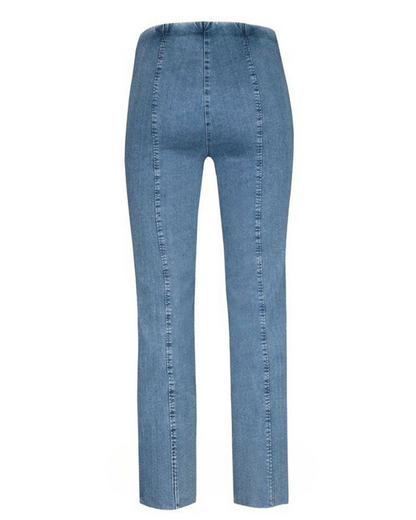 Calças de Cintura Subida em Ganga Elástica com Efeito de Ganga e Corte em Forma de Legging